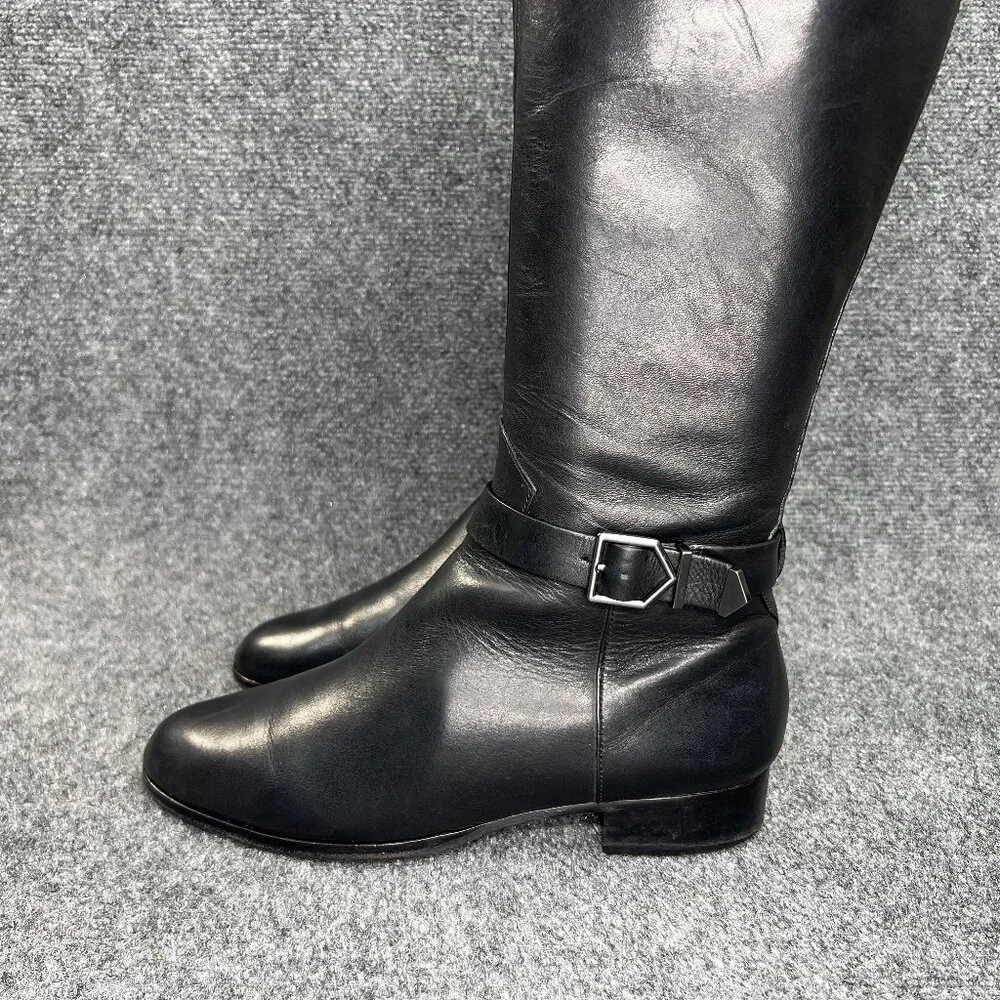 Via Spiga Tall Riding Boots Women's Size 7.5 Black Leather Buckle Knee High Boot